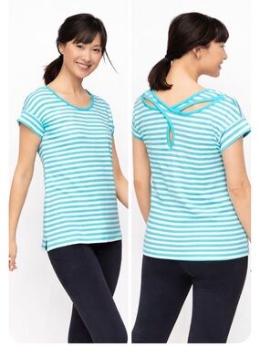 T by Talbots Aqua White Striped Criss Cross Back Short Sleeve Tee Size M